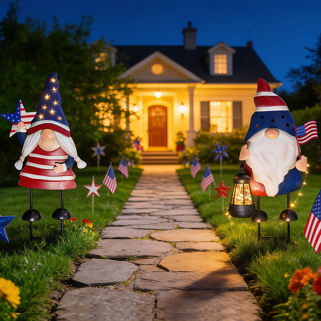 HONGLAND Solar Patriotic Gnomes Garden Stakes - 4th of July Decorations 25" American Flag Garden Gnomes Outdoor Decor for Outdoor & Memorial Day Yard Art 2 Pack