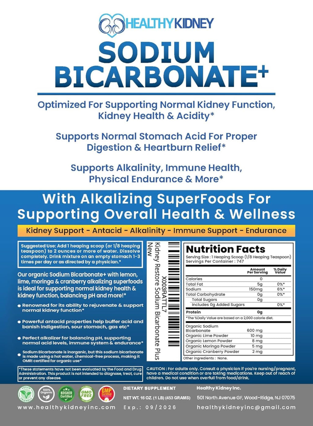 Organic Use Sodium Bicarbonate Alkaline Supplement for Alkalinity. Support Kidneys & Stomach Acid Neutralizer w/Alkaline Superfoods. Sodium Bicarbonate Powder Kidney Immune Support Antacid Sports 1LB