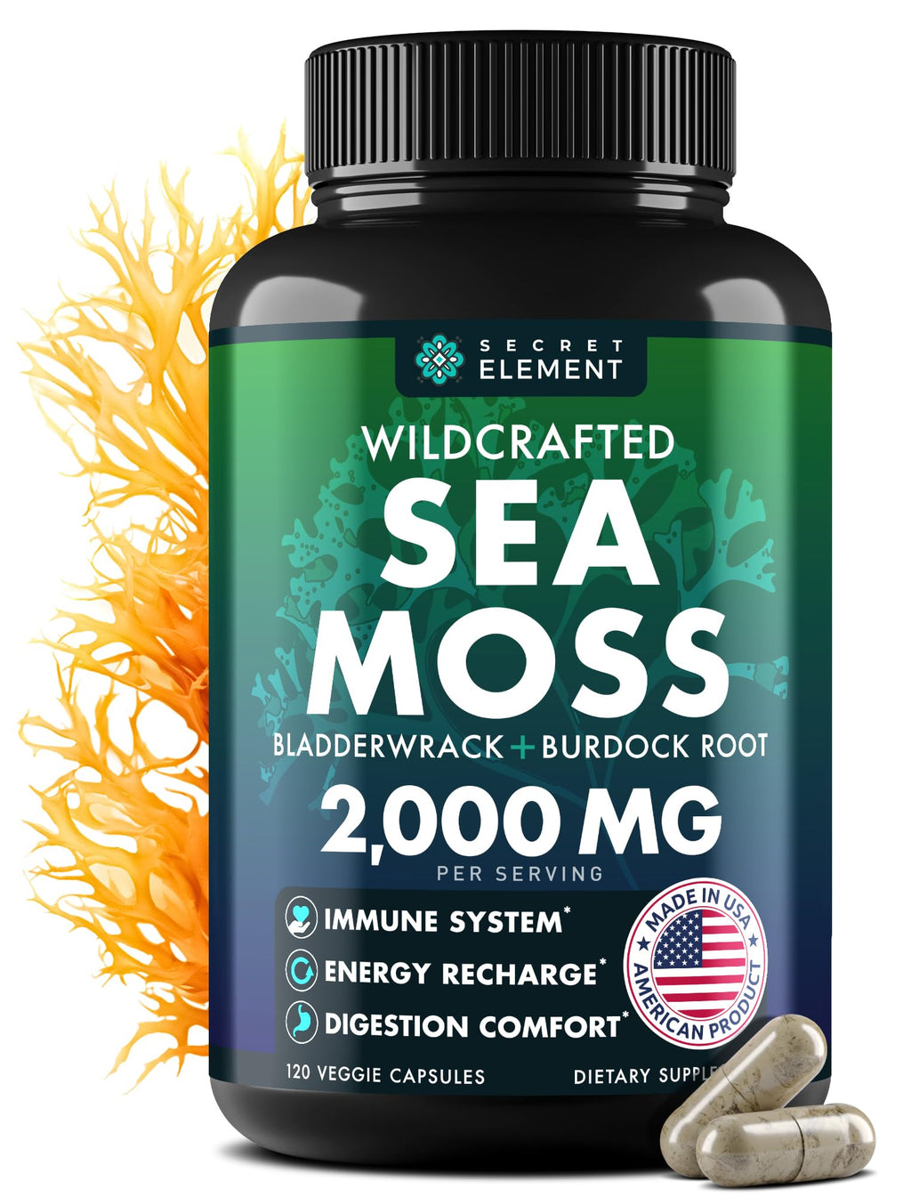 Secret Element Sea Moss Capsules with Burdock Root, Bladderwrack & Muira Puama – Plant-Based Sea Moss Supplement with Raw Powder – 120 Capsules