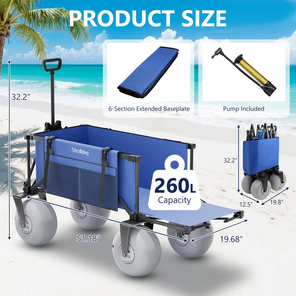 Strolking 51" Beach Wagon with 10" Inflatable PU Balloon Wheels, 440LBS Heavy Duty Beach Cart with Rear Tailgate, Air-Adjustable Foldable Wagon for Sand, Blue (Pump Included)