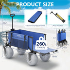 Strolking 51" Beach Wagon with 10" Inflatable PU Balloon Wheels, 440LBS Heavy Duty Beach Cart with Rear Tailgate, Air-Adjustable Foldable Wagon for Sand, Blue (Pump Included)