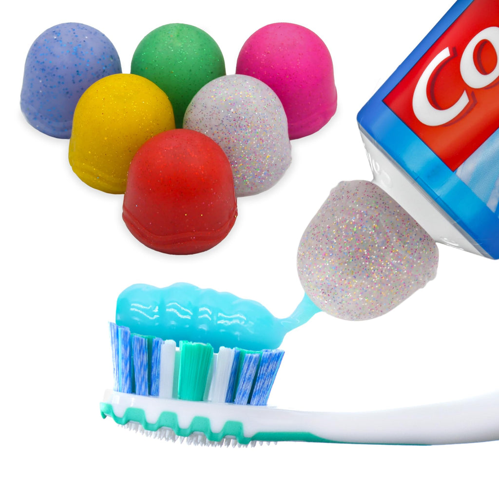 Chrome Cherry SqueezMe Self-Closing Toothpaste Caps, Silicone Lid for Kids & Adults, No Mess Toothpaste Dispenser, Easy Squeezer Cap for Tubes, Bathroom Accessory, Glitter, Pack of 6