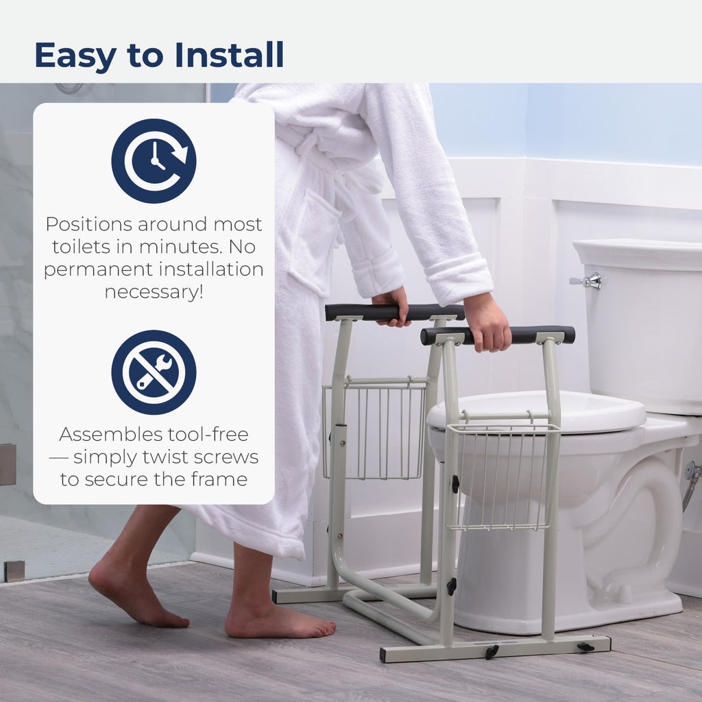 Drive Medical RTL12079 Toilet Safety Frame, Bathroom Grab Bar for Toilets, Freestanding Toilet Rail for Stability, For Users Up to 300 Pounds, White
