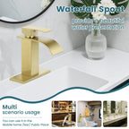 LUFG Bathroom Faucets Brushed Gold Waterfall Bathroom Sink Faucet Modern Single Handle Bathroom Faucet for 1 or 3 Hole Mxier Tap Washbasin Faucet with Deck, Pop-up Drain and Supply Hoses
