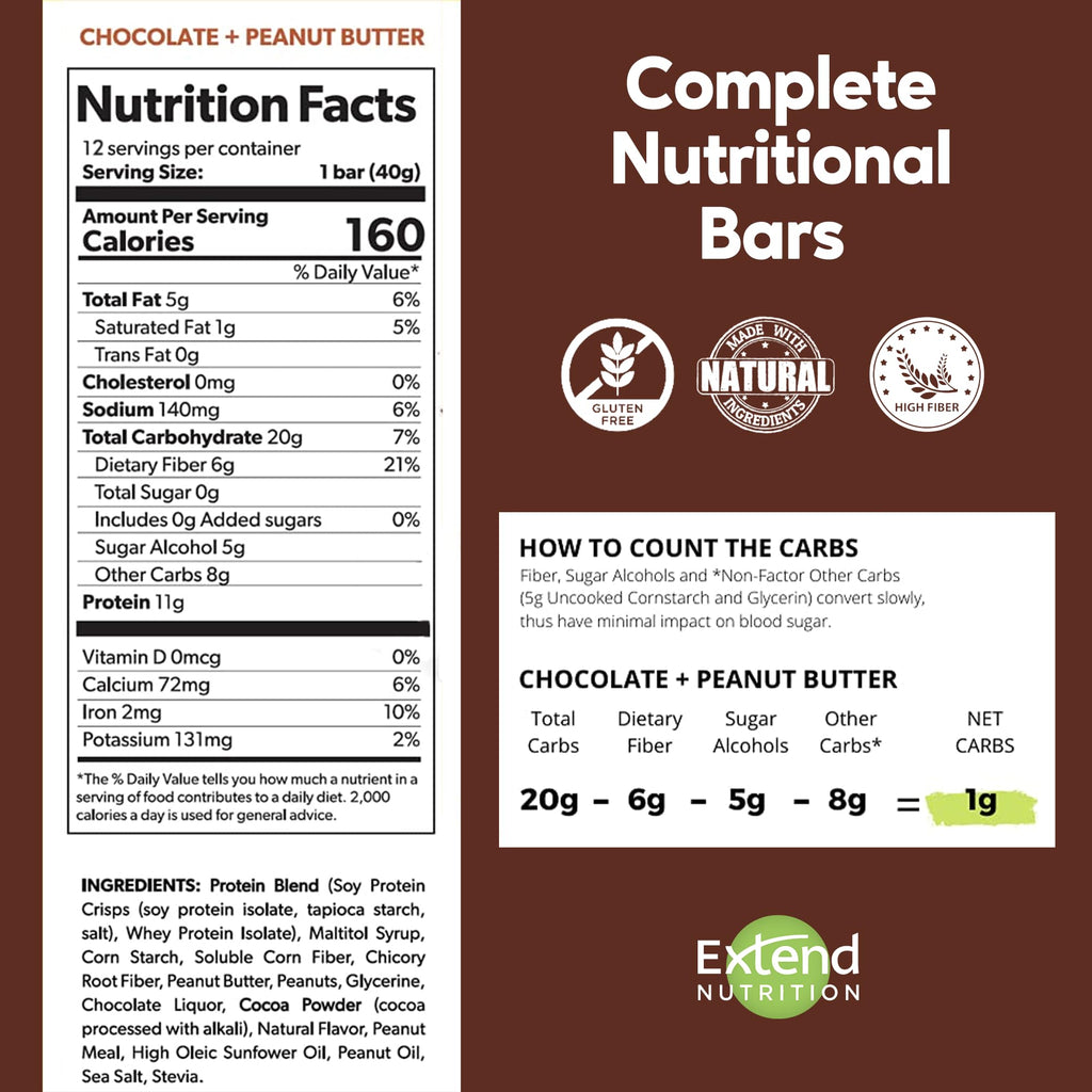 Extend Sugar Free Protein Bars, Perfect Diabetic Snacks, High Protein and Fiber, Hunger Control & Steady Energy, Low Carb, Keto Friendly (12 Count, Chocolate Peanut Butter)