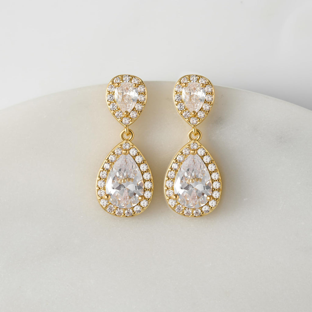 SWEETV Cubic Zirconia Teardrop Bridal Earrings, Rhinestone Dangle Earrings for Wedding Prom Anniversary (Gold)