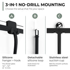 GÜTEWERK Silicone Shower Squeegee for Glass Doors & Mirrors with Stainless Steel Core, Streak-Free & No-Squeak Window Cleaning, 3-in-1 No-Drill Mount (Hook/Suction/Adhesive),Black, 15 Inches