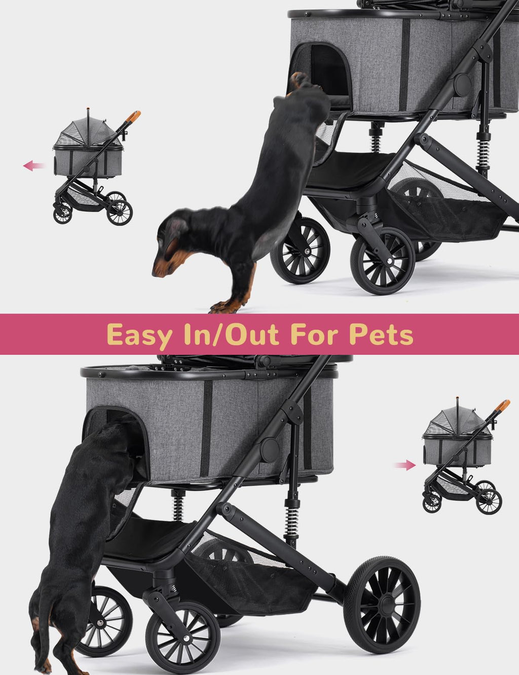 SUNTHX Dog Stroller for Small Medium Dogs Up to 60lbs, 4 Wheels Folding Pet Stroller with Detachable Carrier, Pet Travel Carrier for 2 Dogs & Cats, Storage Basket, Breathable, Grey