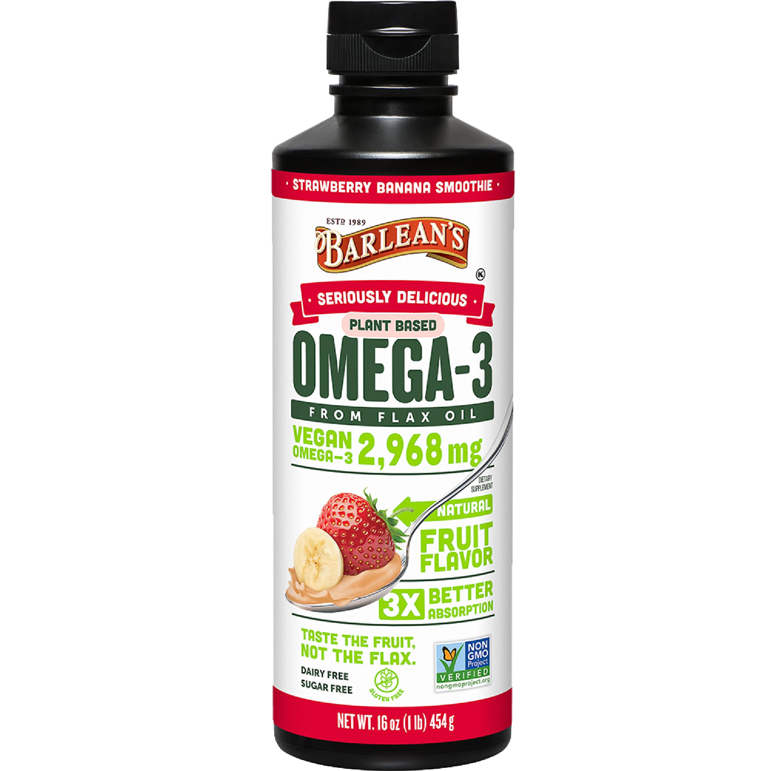 Barlean's Vegan Omega 3 6 9 Flaxseed Oil Liquid Supplement, Strawberry Banana Smoothie, Flax Seeds Oil with 2,968 mg ALA Fatty Acid, Non-GMO and Gluten Free, 16 oz