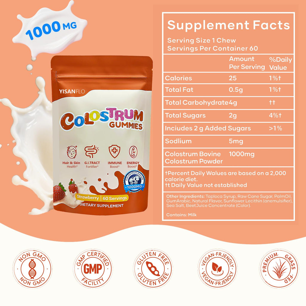 YISANFLO 60 Servings Colostrum Gummies | Delicious 1g per Serving Grass Fed Bovine Colostrum Supplement | Colostrum Chews for Gut Health, Immunity, Hair, Skin and Beauty | Strawberry Flavor