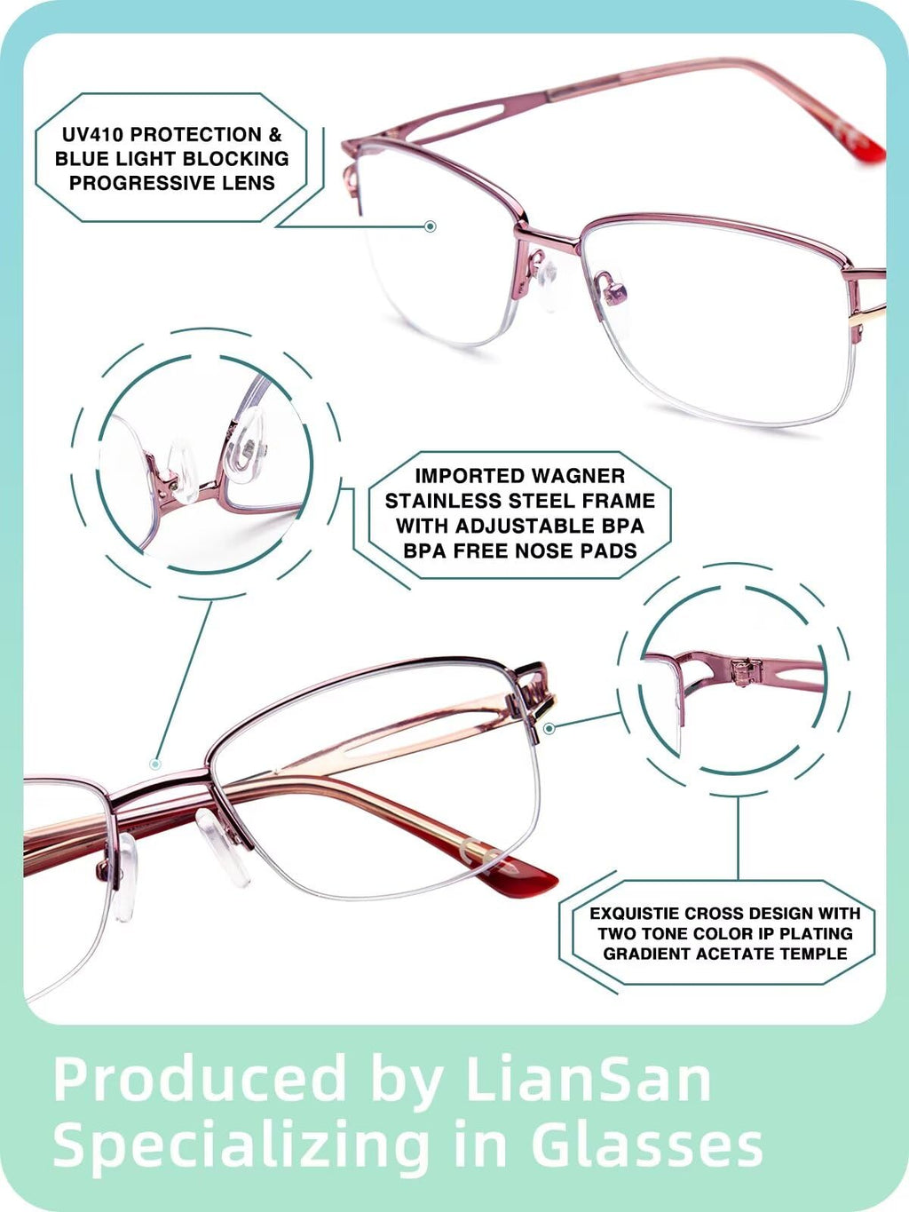 LianSan Metal Zero Top Progressive Multifocus Reading Glasses - for Women Half-Rim Blue Light Blocking Readers Clear Top Pink 2.50