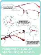 LianSan Metal Zero Top Progressive Multifocus Reading Glasses - for Women Half-Rim Blue Light Blocking Readers Clear Top Pink 2.50