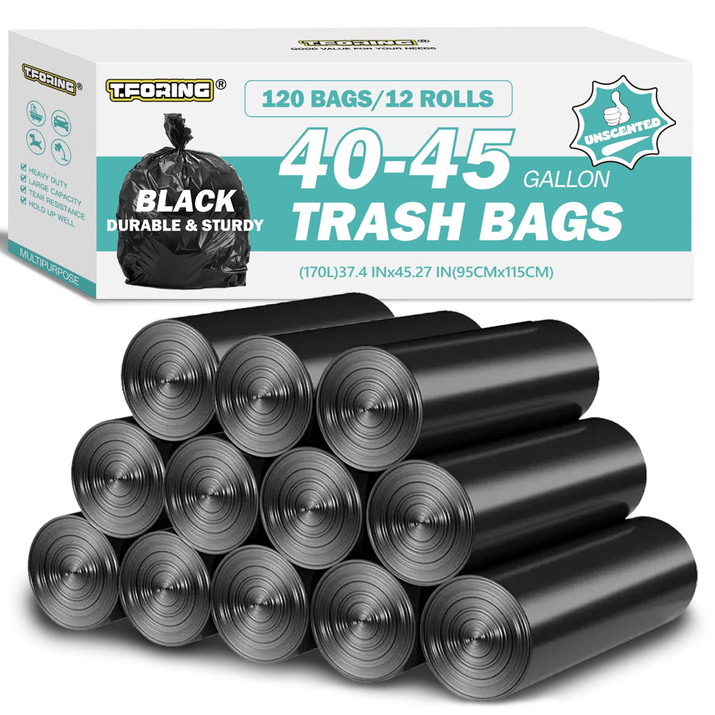 T.FORING 40-45 Gallon Trash Bags Unscented, 35'' x 40'', Black, 120 Count
