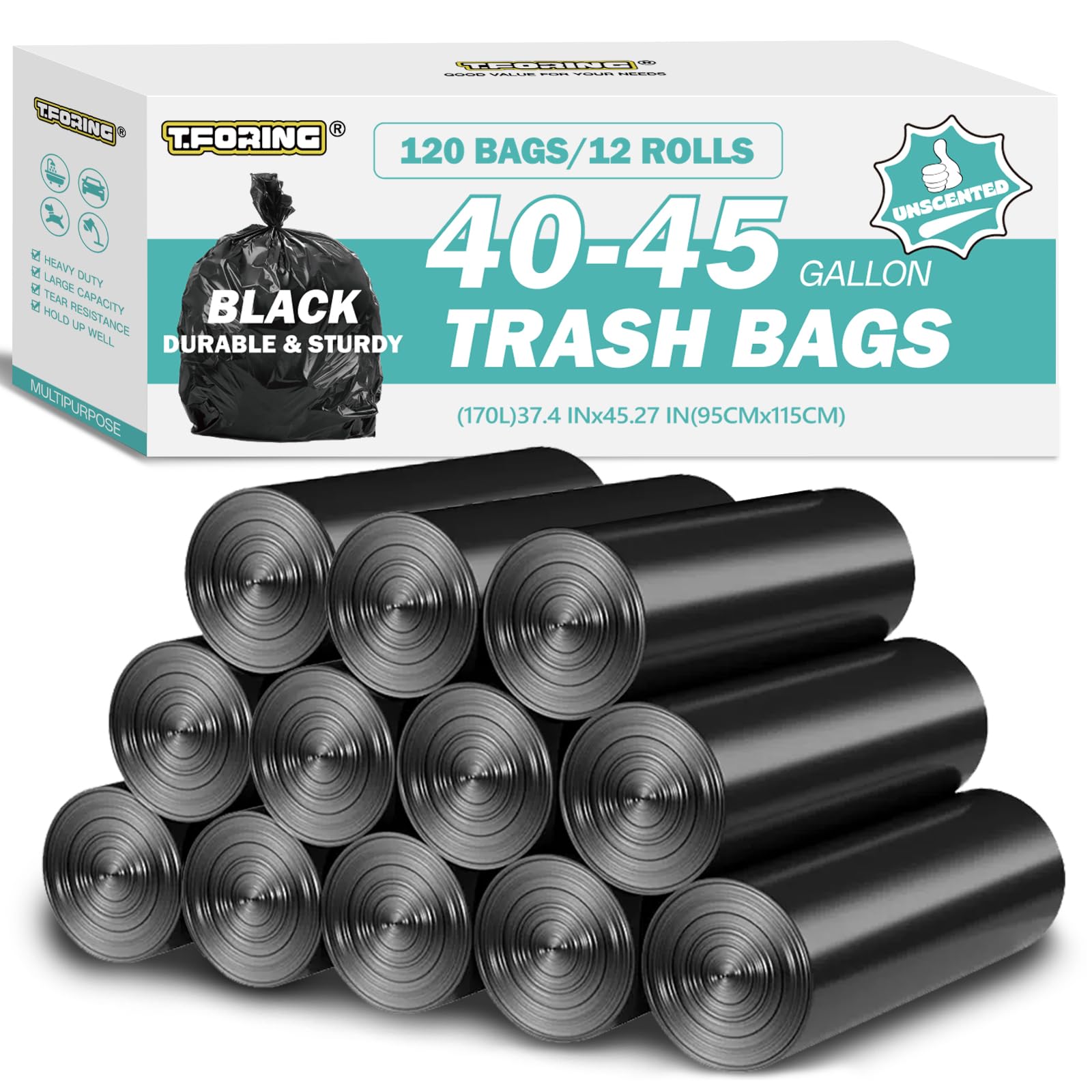 T.FORING 40-45 Gallon Trash Bags Unscented, 35'' x 40'', Black, 120 Count