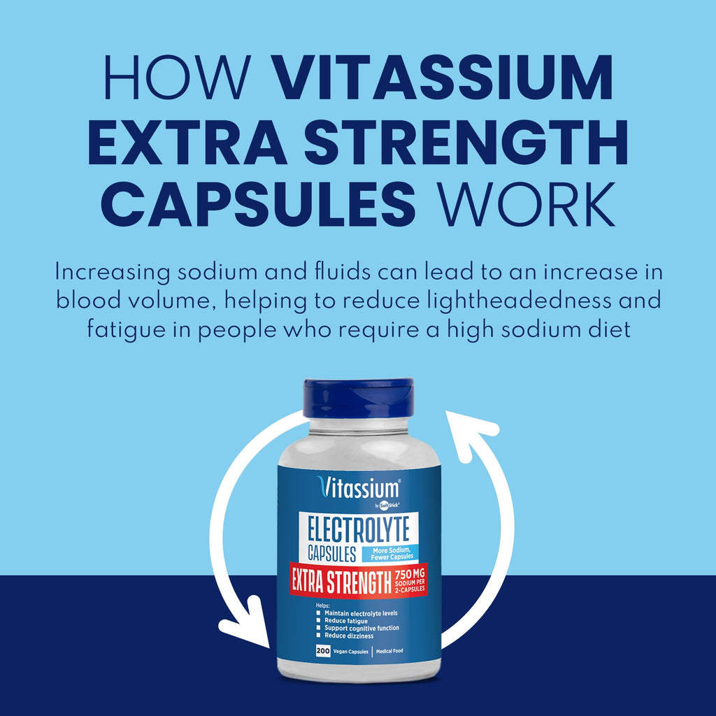 Vitassium Extra Strength Electrolyte Capsules - 750mg of Sodium for The Management of POTS and High Sodium Diets, Unflavored - 200 Salt Pills (Size 00)