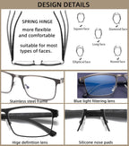 DILLY VISION 4-Pack Mens Reading Glasses Blue Light Blocking,Spring Hinge Stylish Metal Full Frame Readers for Men Anti Glare Filter Eyeglasses +1.50