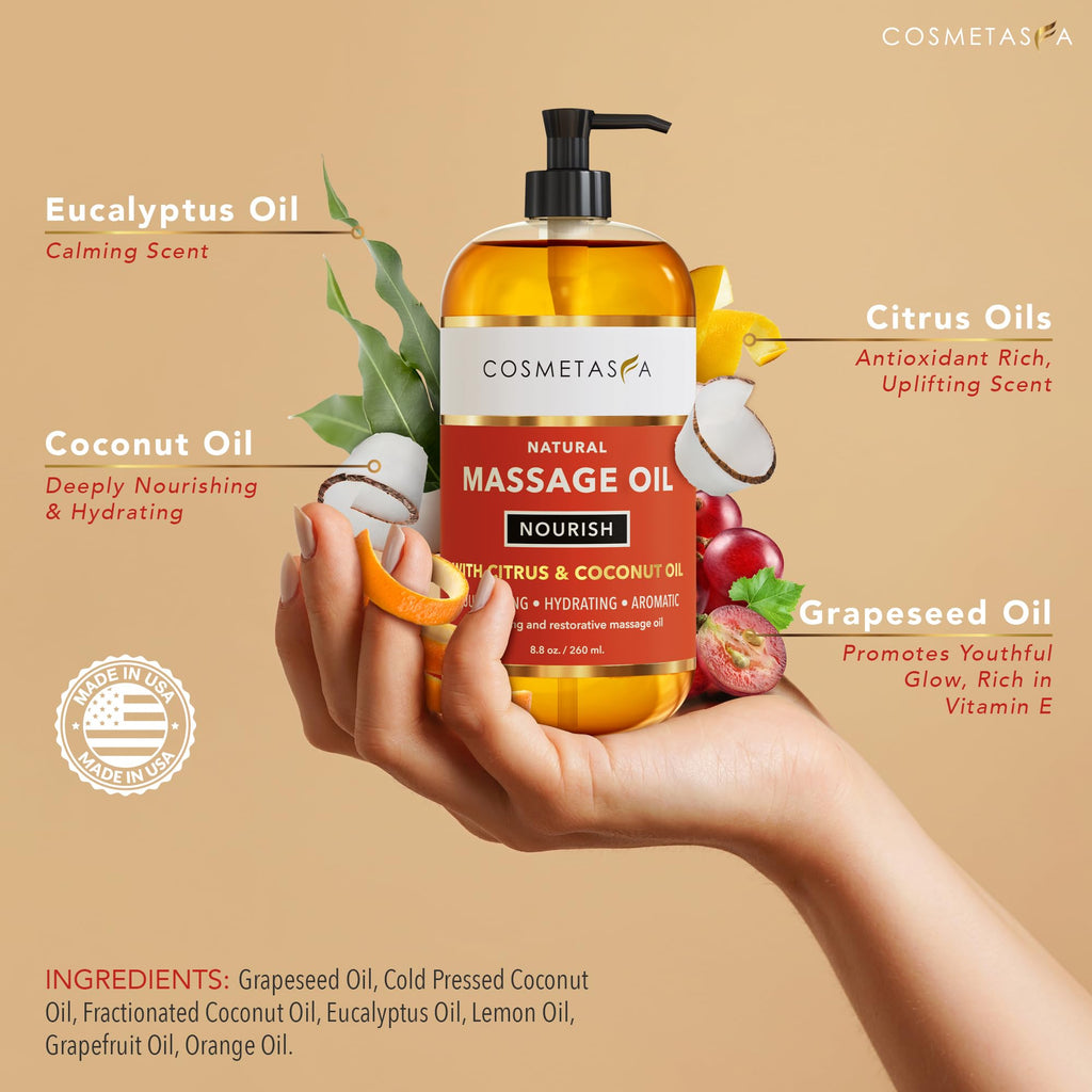 Cosmetasa Luxury Spa Treatment Gift Set - Relaxation, Nourish and Sore Muscle Massage Oil with Hot Stones, Roller Ball and Thumb Saver Massage Tools