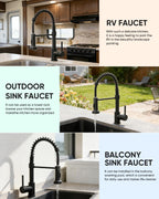 OWOFAN Black Kitchen Faucet with Pull Down Sprayer Stainless Steel Commercial Single Handle Classic Spring Pull Out Kitchen Sink Faucet for Pot Filler Farmhouse Camper Bar Laundry Room 866080R