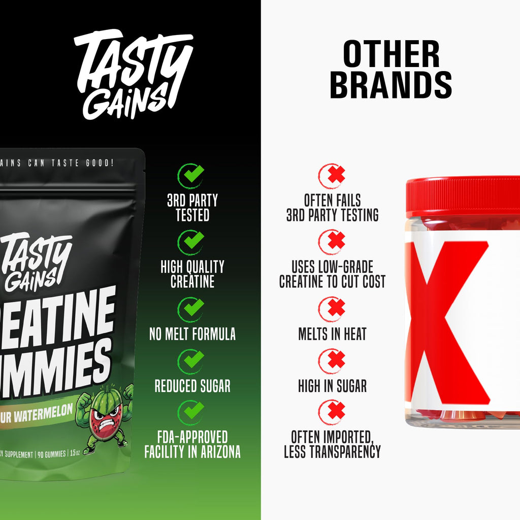 TASTY GAINS Creatine Gummies, 90g of Creatine, Non-GMO, Vegan - Build Muscle & Boost Strength for Men & Women (1g Creatine Monohydrate Per Gummy) Made in USA (90, Sour Watermelon)