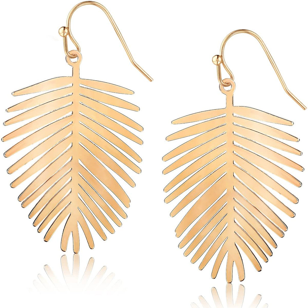 Gold Tone Leaf Earrings for Women - Bohemian Tropical Dangles, Palm Drops