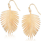 Gold Tone Leaf Earrings for Women - Bohemian Tropical Dangles, Palm Drops