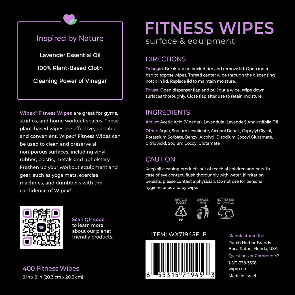 Wipex Gym Wipes Bundle - Get 2 Buckets (1) Lavender Plant-Based Fitness Equipment Wipes & (1) Sanitizing BZK for Skin, Great for Gyms, Yoga Studios, Home, Fitness Centers, 400 Ct (Pack of 2)