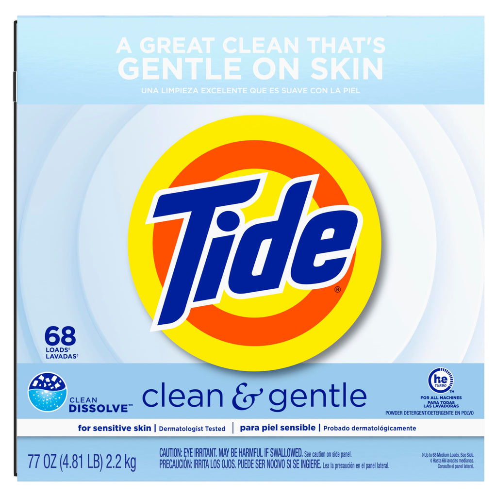 Tide Clean and Gentle Powder Laundry Detergent, Unscented, 68 Loads, 77 oz