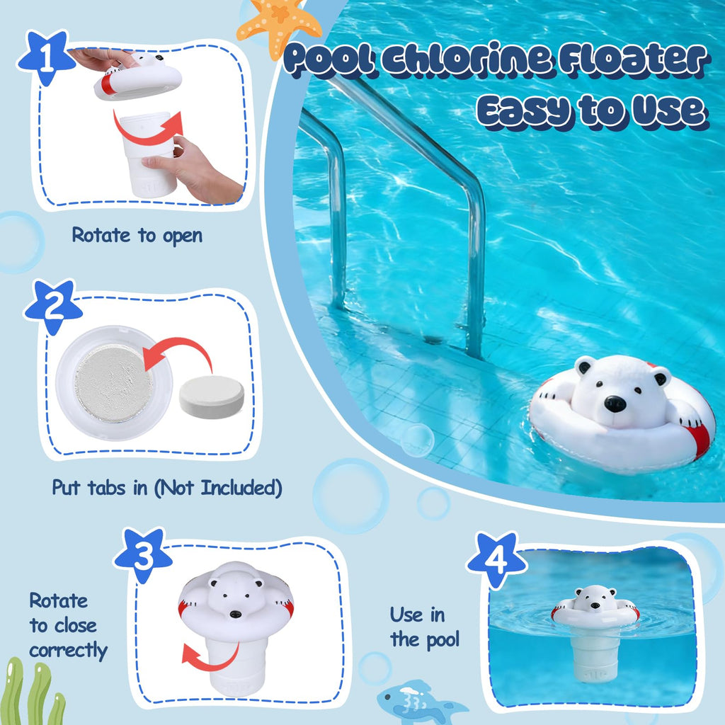 ODJSY Pool Chlorine Floater,7.5" Diameter Floatation Device can accommodate 3" Tablet Chemical Dispenser,Applicable to Swimming Pools, Spas, Hot Tubs (White Bear)