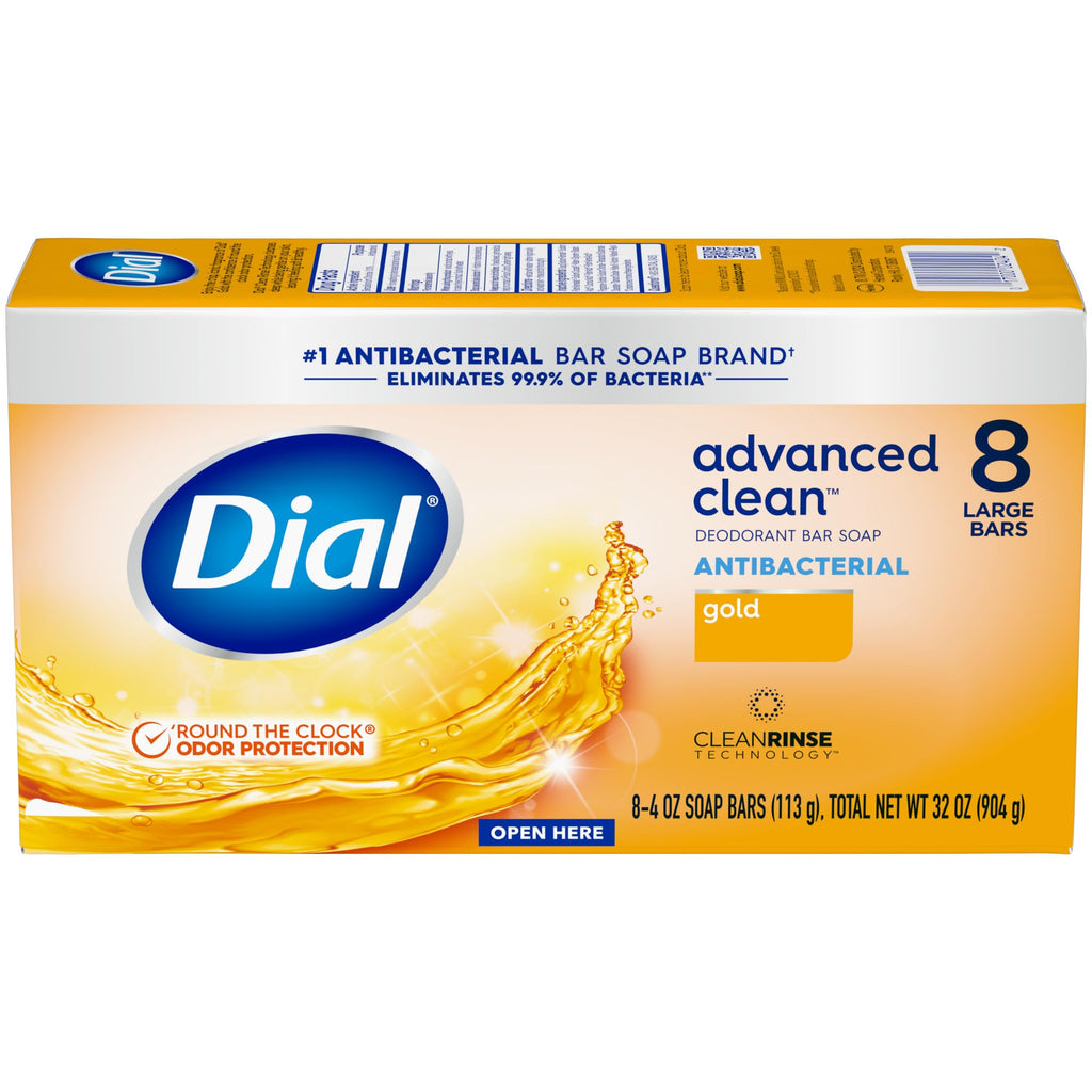 Dial Antibacterial Deodorant Bar Soap, Advanced Clean Gold, 4 Oz, 32 Bars, Round the Clock Odor Protection, Dermatologist Tested, With Clean Rinse Technology