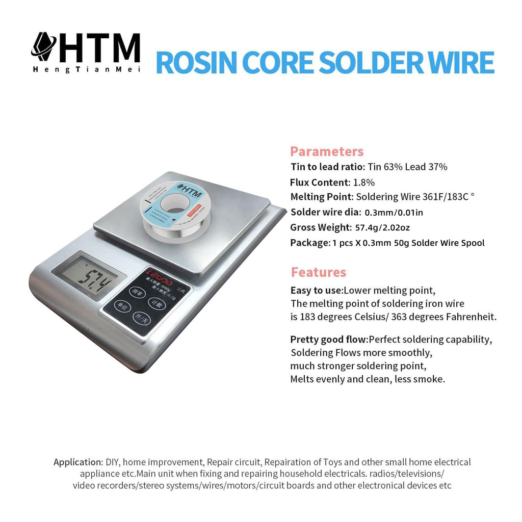 HengTianMei 63/37 Rosin Core Tin Lead Solder Wire For Electrical Soldering(0.3mm/50g)