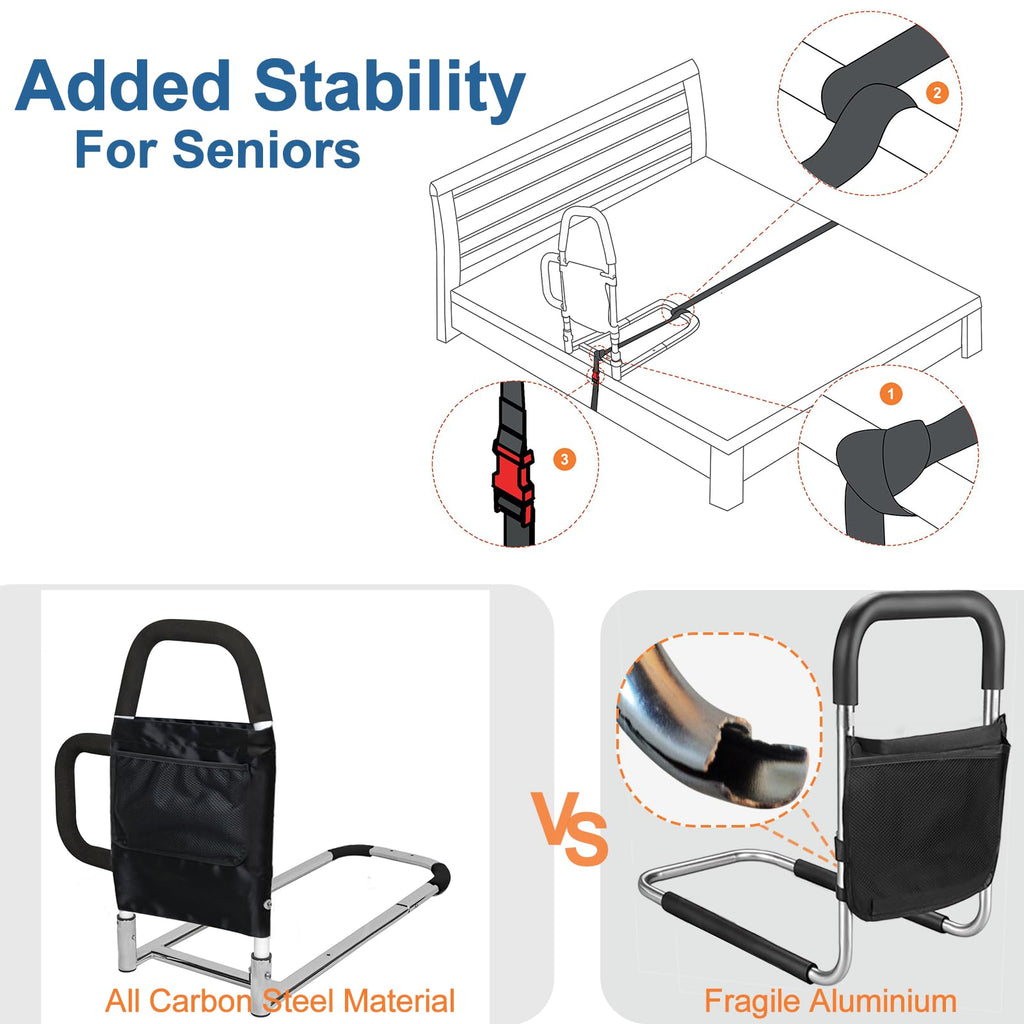 HEPO Bed Rails for Elderly Adults Safety with Storage Pocket, Assist Rail with Dual Grab Bars for Easily Getting in & Out of Bed, Bed Rail Fits King, Queen, Full, Twin Bed