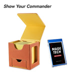 Mage Tech Card Deck Box for MTG Commander - Patented Design, Commander Display, Fits 100 Double-Sleeved Cards, 35pt Card Brick & Dice Tray - Orange/Yellow
