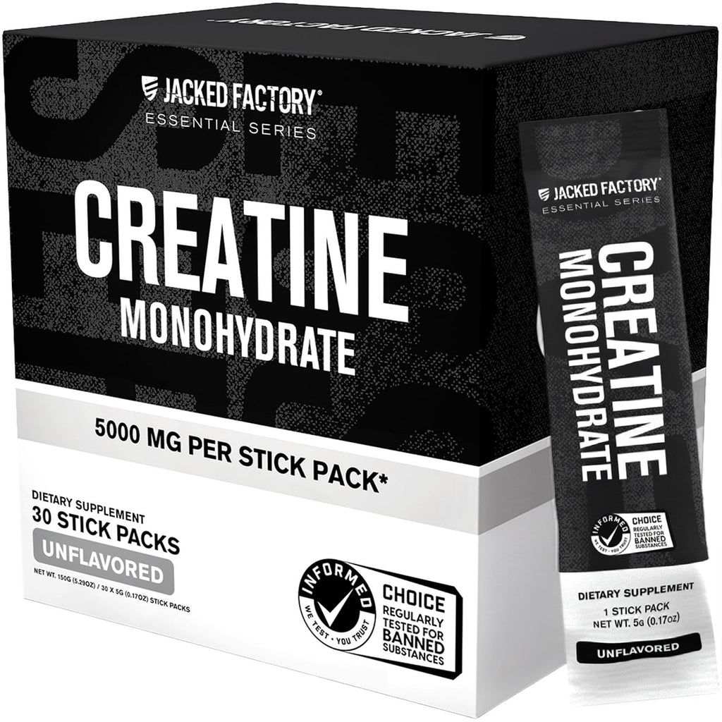Jacked Factory Creatine Monohydrate Stick Packs 150g - 5g Daily Creatine Supplement for Men and Women, Vegan-Friendly, Third-Party Tested - 30 Servings, Unflavored