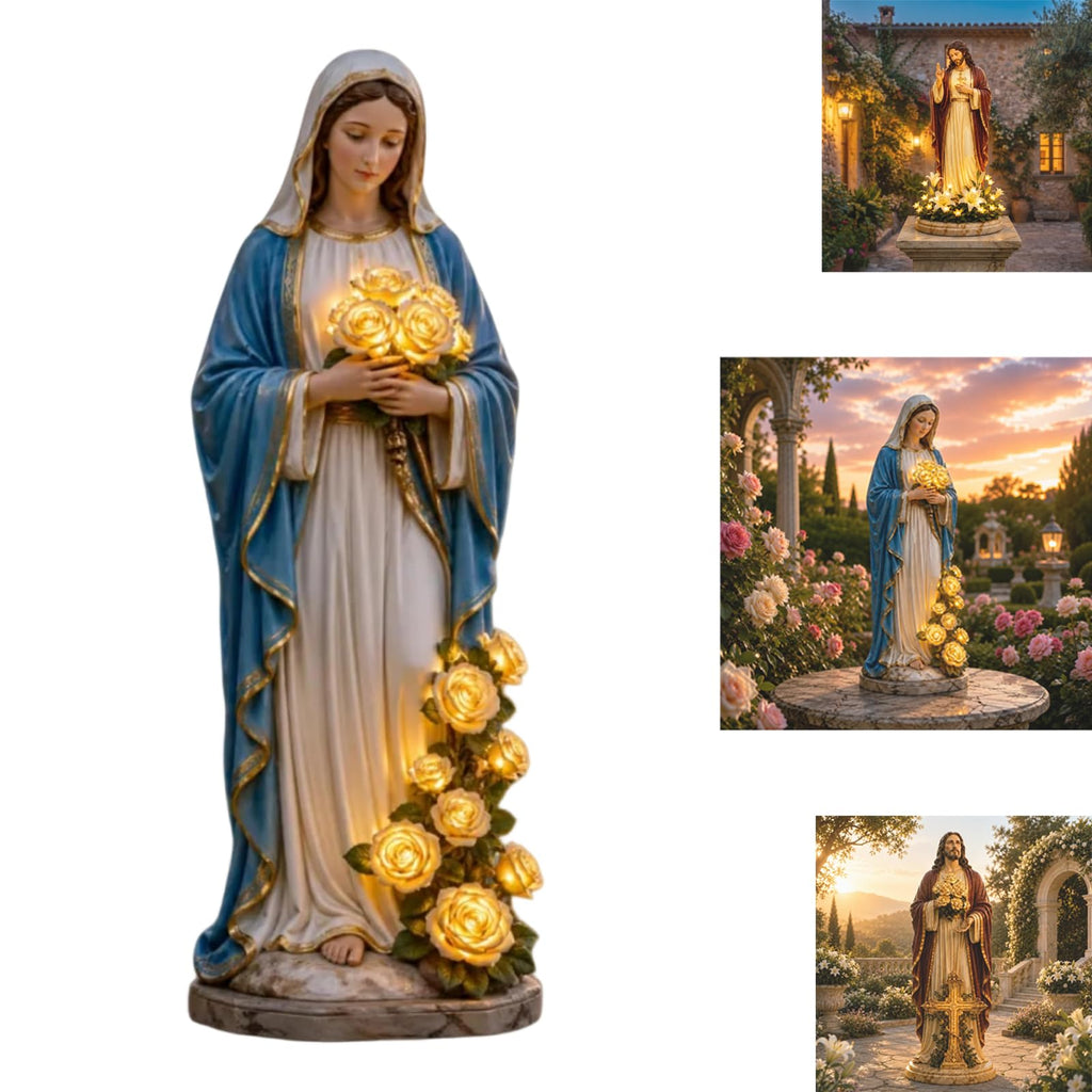 Virgin Mary Solar Garden Statue with Glowing LED Roses, Blessed Mother Outdoor Sculpture for Catholic & Christian Yard Decor, Memorial Gift for Women Mom Grandma (White & Blue, 8.25" × 8.25" × 11.25")