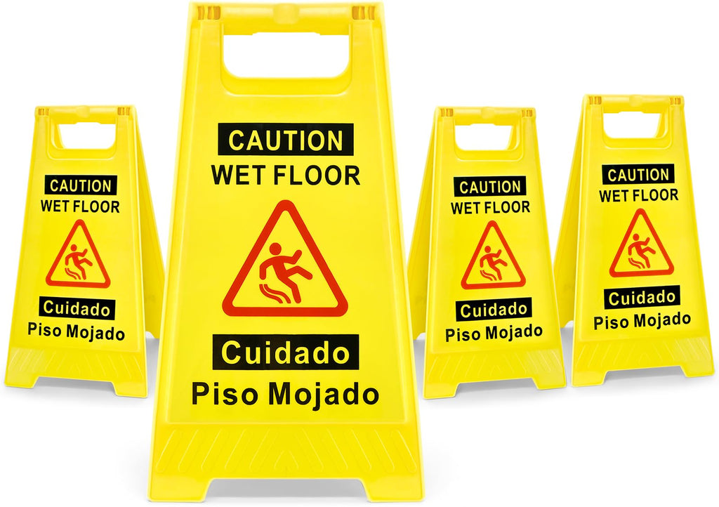 4-Pack Caution Wet Floor Sign, 17.5" Height, Bright Yellow, Double-Sided A-Shaped Frame Design, Foldable Compliant Safety Signs for public places such as restaurants, bathrooms, and offices
