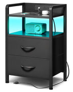 Lazzanto Nightstand with Rear Charging Station, LED Light, 2 Drawers, Black