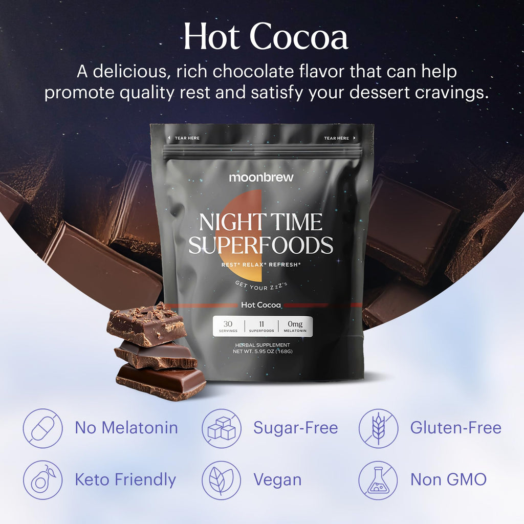 MoonBrew Nighttime Magnesium Hot Cocoa, Natural Sleep Aid Drink Mix for Adults - Calming Melatonin-Free Sleep Support - Sleepy Hot Chocolate Powder with L-Theanine, Passionflower & Zinc Glycinate