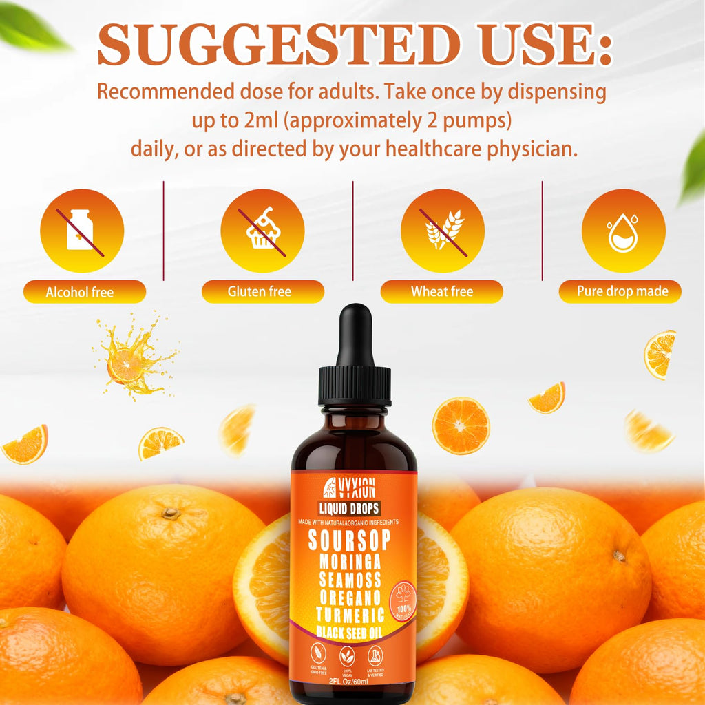 Soursop Bitters Liquid Drops 10 in 1 with Sea Moss, Moringa, Turmeric, Black Seed Oil, Oregano, Ashwagandha | Herbal Extracts for Overall Health-Enhancing | Vegan, Non-GMO | 2 Fl Oz (Orange Flavor)