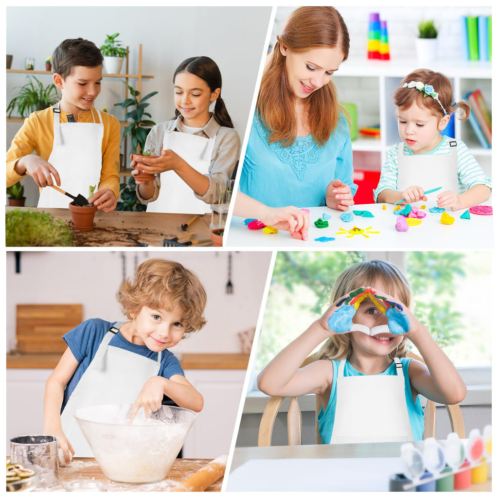 Morcheiong 8 Pack Adjustable Kids Apron Bulk with 2 Pockets Toddler Apron Kids Painting Aprons for Cooking Baking Painting Boys Girls (White)