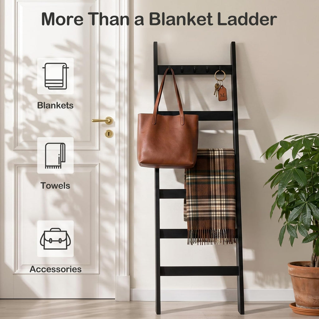 TEAKMAMA 6-Tier 5.4ft Blanket Ladder with Hooks Farmhouse Black