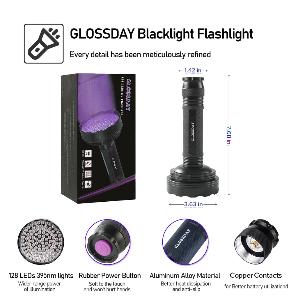 GLOSSDAY Blacklight Flashlight,128 LED UV Flashlights, Upgraded Bright Ultraviolet Flashlight Professional Black Light for Dog/Cat, Hunting Scorpions
