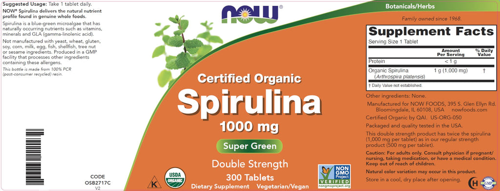 NOW Foods Organic Spirulina 1000mg Tablets - 300 Count - Non-GMO, Super Green Whole Food Supplement - Double Strength