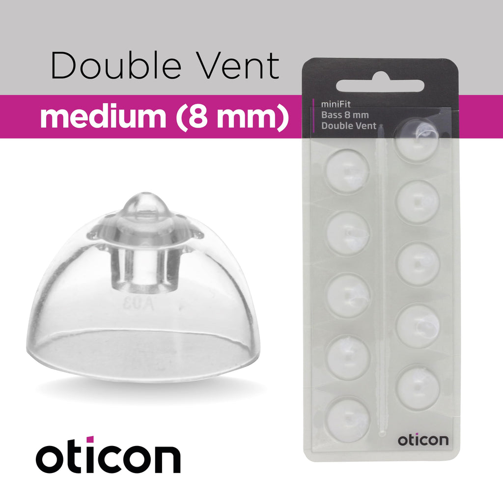 Genuine Oticon Hearing Aid Domes MiniFit Double Vent Bass 8mm (0.31 inches - Medium), Oticon Branded OEM Denmark Replacements, Authentic Accessories for Optimal Performance -1 Pack/10 Domes Total