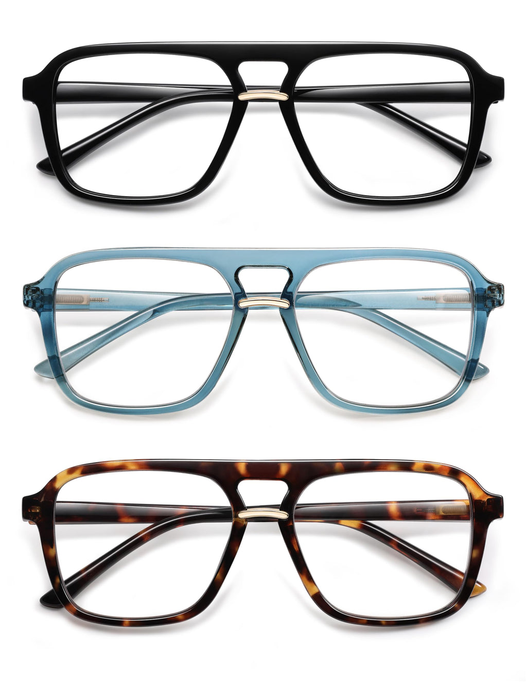 AMOMOMA 3 Pack Trendy Aviator Reading Glasses for Women Men Stylish Square Blue Light Blocking Readers AM6164 Mix (+1.50 Magnification Strength)