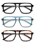AMOMOMA 3 Pack Trendy Aviator Reading Glasses for Women Men Stylish Square Blue Light Blocking Readers AM6164 Mix (+1.50 Magnification Strength)