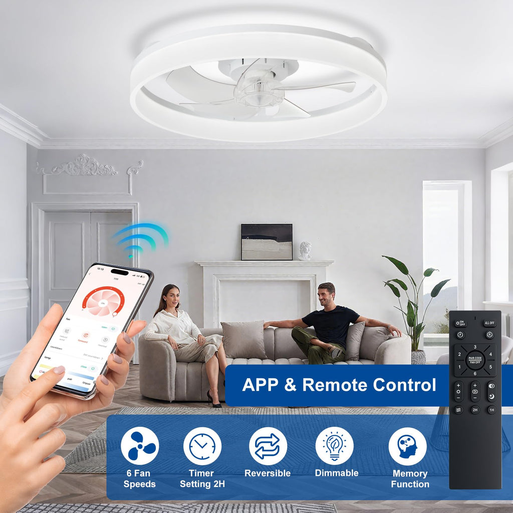 DLLT Modern Ceiling Fans with Lights: 20" Flush Mount Low Profile Ceiling Fan with APP Remote Control - White LED Bladeless Fandelier Dimmable Quiet DC Motor for Bedroom Living Room