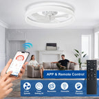 DLLT Modern Ceiling Fans with Lights: 20" Flush Mount Low Profile Ceiling Fan with APP Remote Control - White LED Bladeless Fandelier Dimmable Quiet DC Motor for Bedroom Living Room