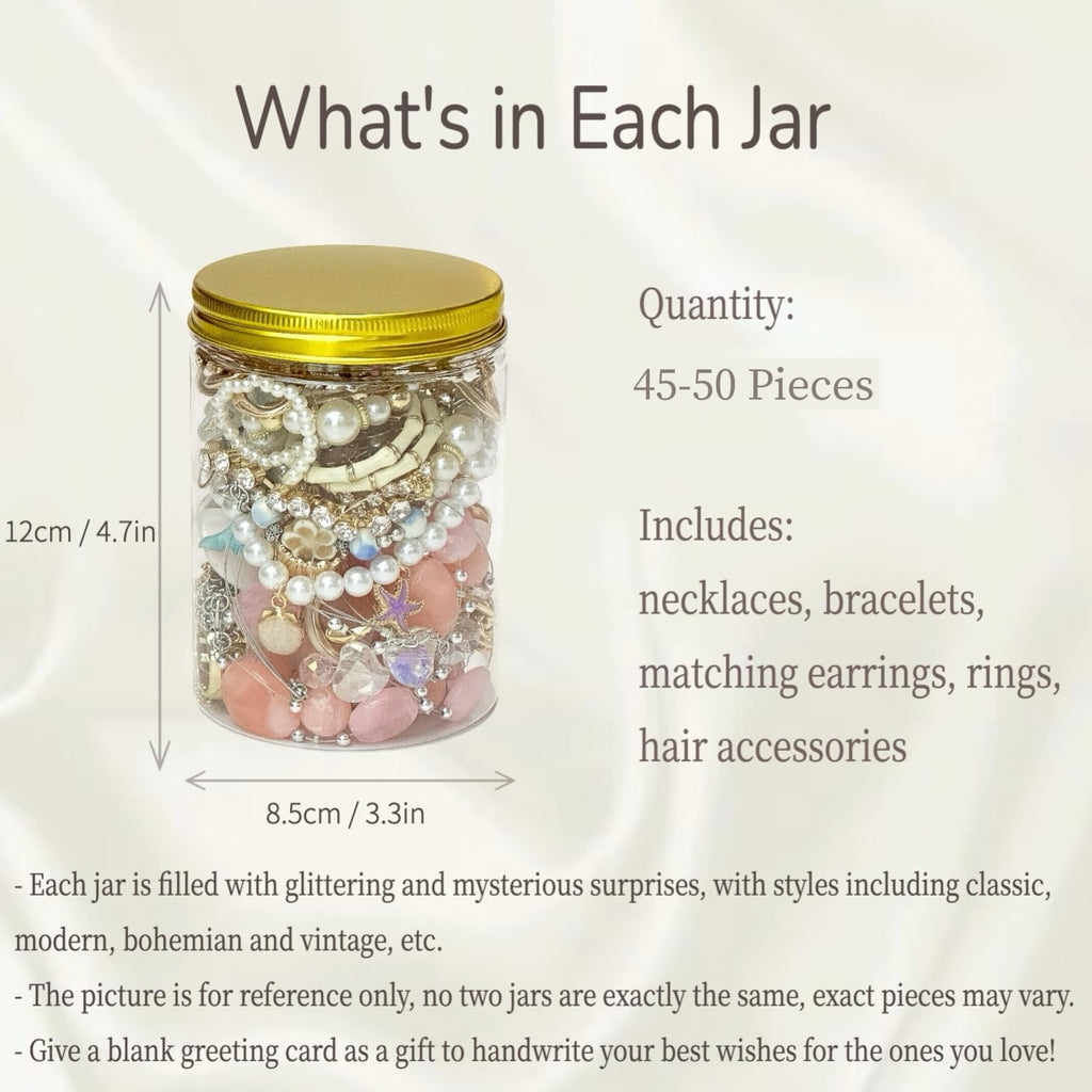 Swytaris 45-50 pcs Mystery Jewelry Jar, Mixed Surprise Jewelry Set for Woman Includes Necklaces, Earrings, Rings, Bracelets and Hair Accessories, Unique Anniversary Birthday Friendship Gift for Her