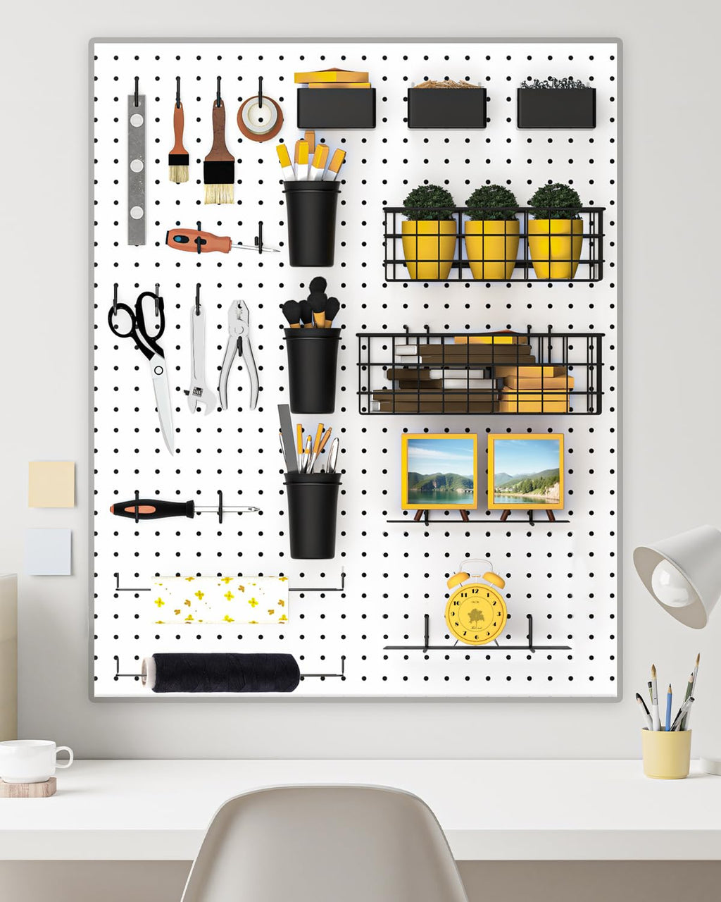 INCLY 30PCS Peg Board Organizer Accessories Kit, Pegboard Hooks Assortment with Bins, Cups, Wire Baskets and Paper Towel Holder for 1/8“ and 1/4” Pegboard Garage Workbench Craft Room Organizing Tools