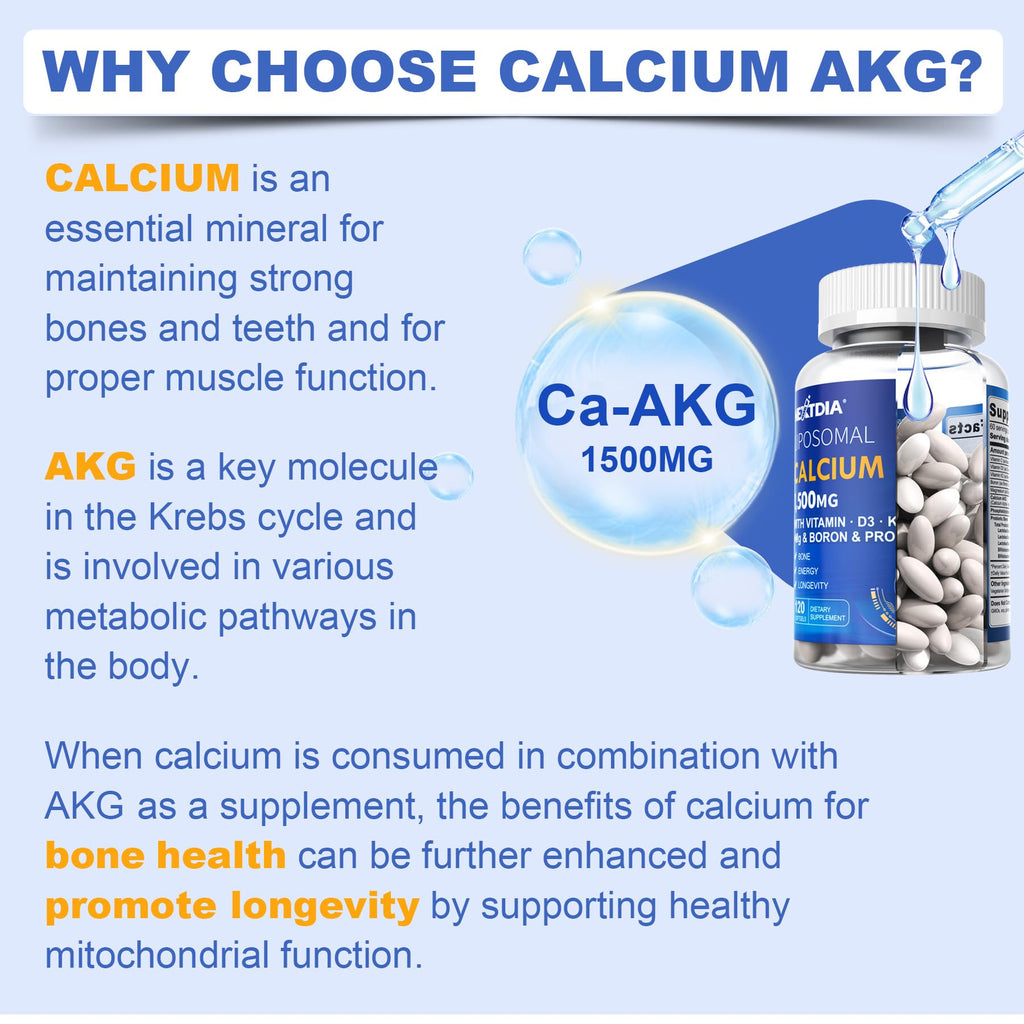 2 Pack Liposomal Calcium AKG Supplement 1500mg with Vitamin D3 & K2 for Women & Men, Calcium Supplement with Magnesium Glycinate, Boron, Probiotics & Vitamin C for Bone Strength & Energy, 240 Softgels